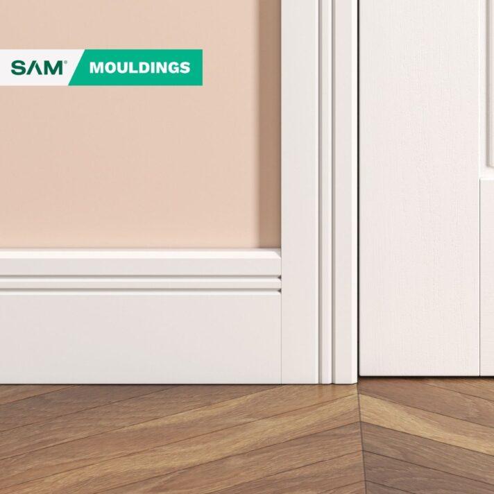 3D visual of SAM2984 Chamfer and Double V-Groove primed MDF Skirting Board in situ