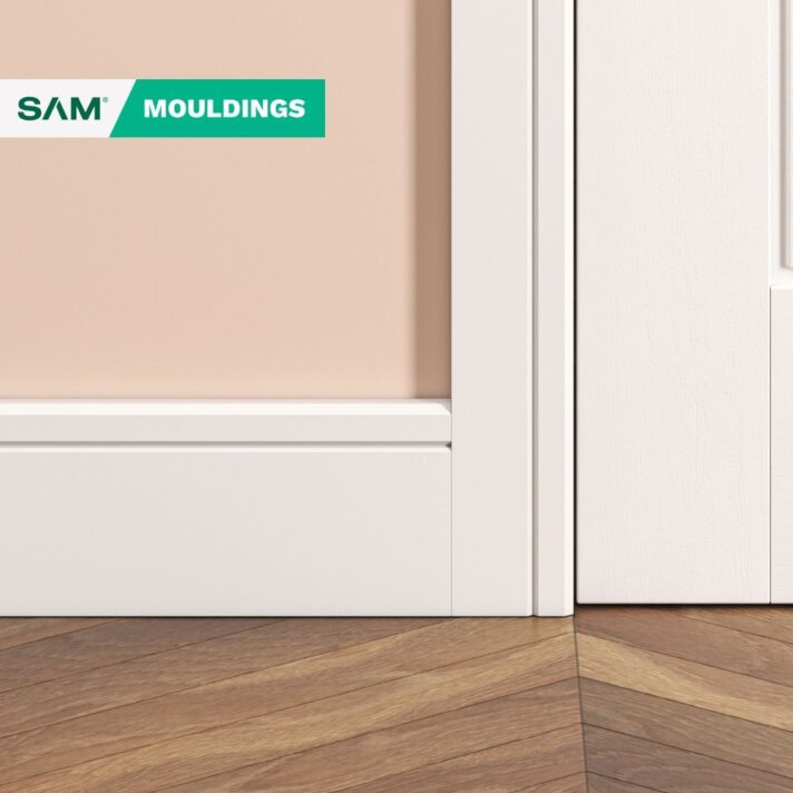 3D visual of SAM2975 Chamfer and Single V-Groove primed MDF Skirting Board in situ
