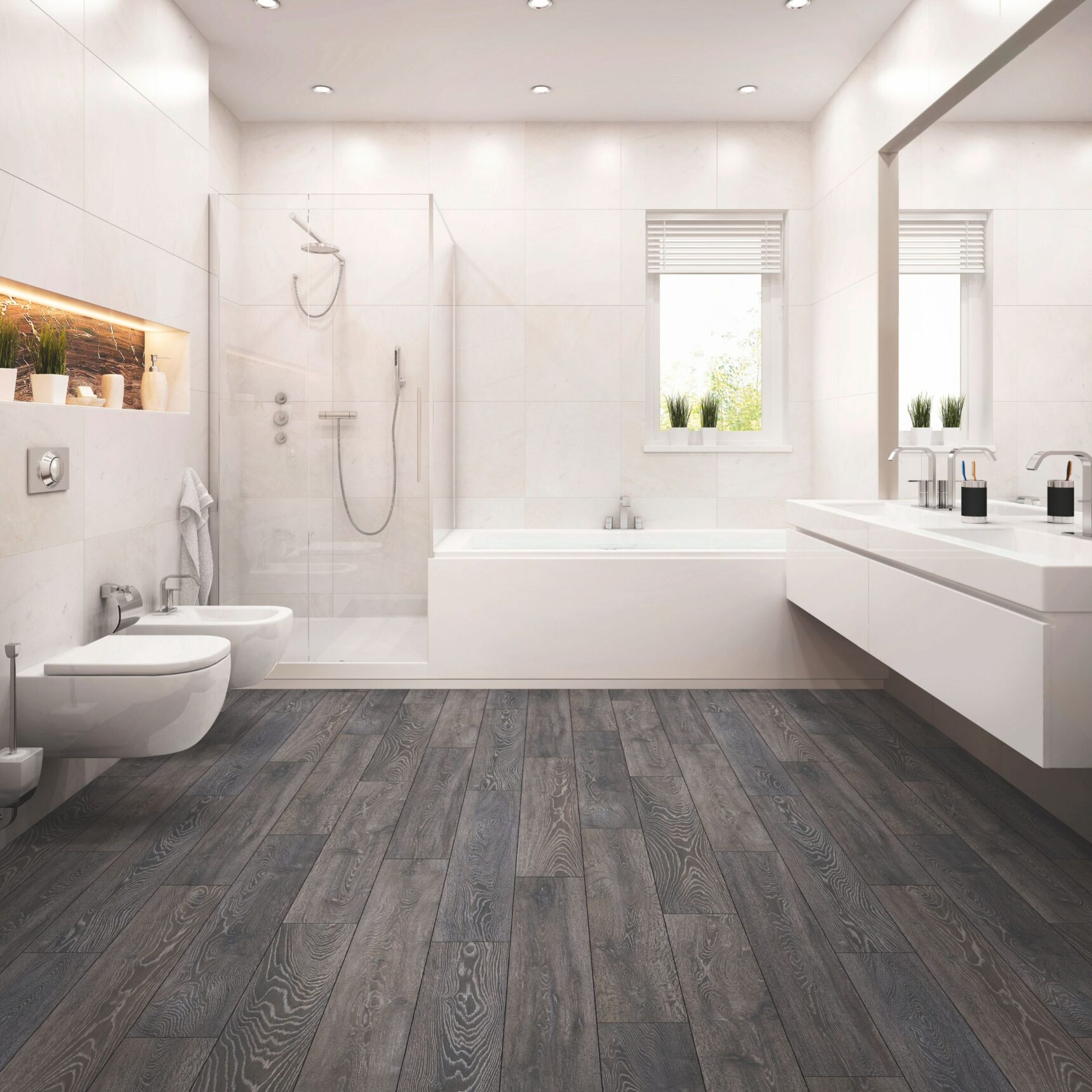 In situ image of Bedrock Oak laminate flooring in a bathroom