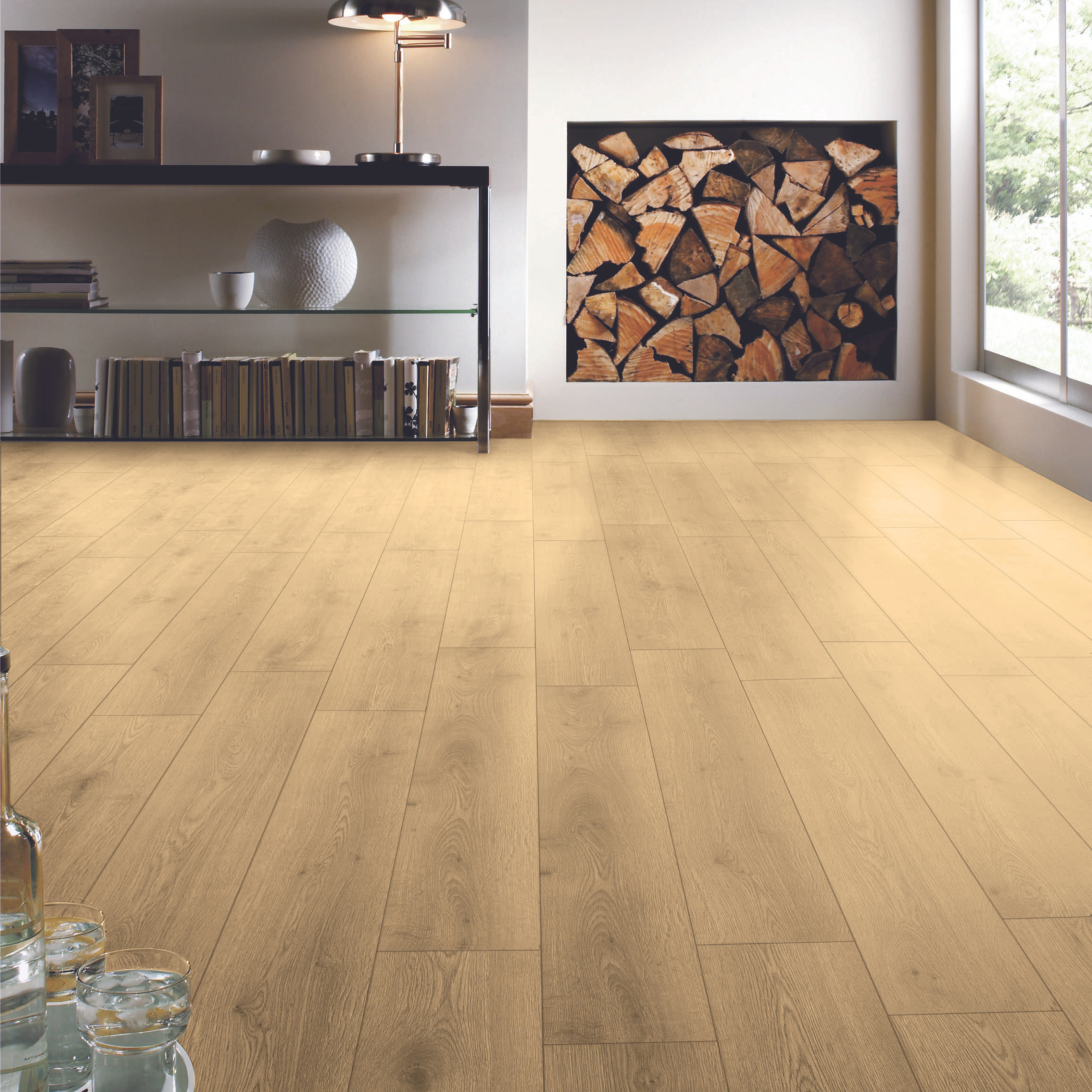 In situ image of Brisaac Oak laminate flooring in a modern open plan living room