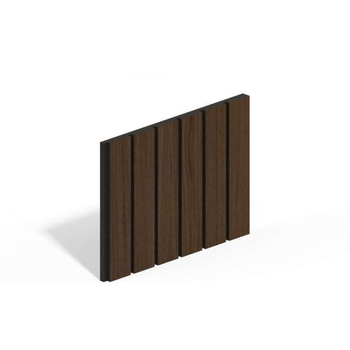 3D image of vertical chocolate oak slat wall panelling