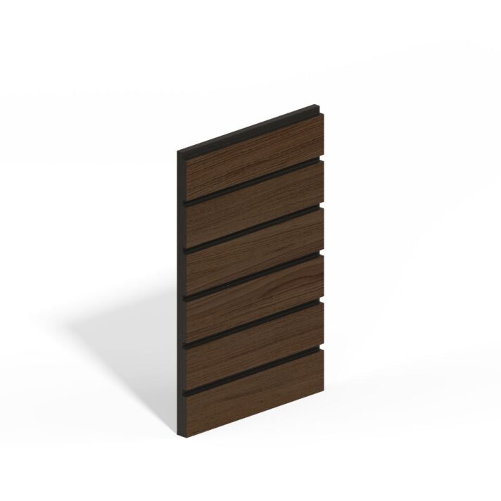3D image of horizontal chocolate oak slat wall panelling
