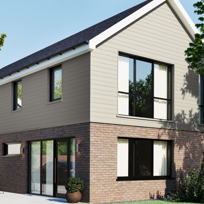 3D in situ image of SAM3717 fully finished Double Shiplap exterior cladding in Silk Grey