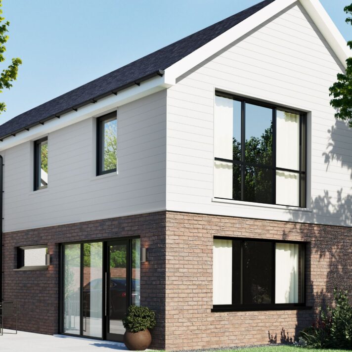 3D in situ image of SAM3717 fully finished Double Shiplap exterior cladding in Traffic White
