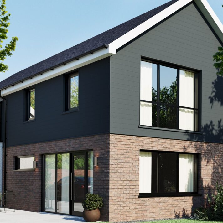 3D in situ image of SAM4460 fully finished Double TG and V exterior cladding in Anthracite Grey