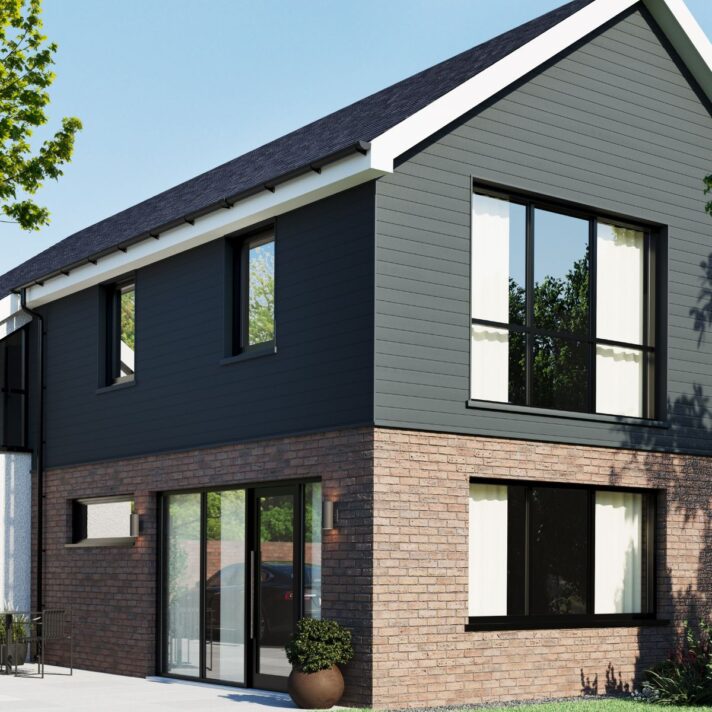 3D in situ image of SAM5555 fully finished Double Shiplap exterior cladding in Anthracite Grey