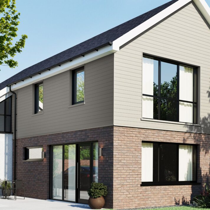 3D in situ image of SAM5555 fully finished Double Shiplap exterior cladding in Silk Grey