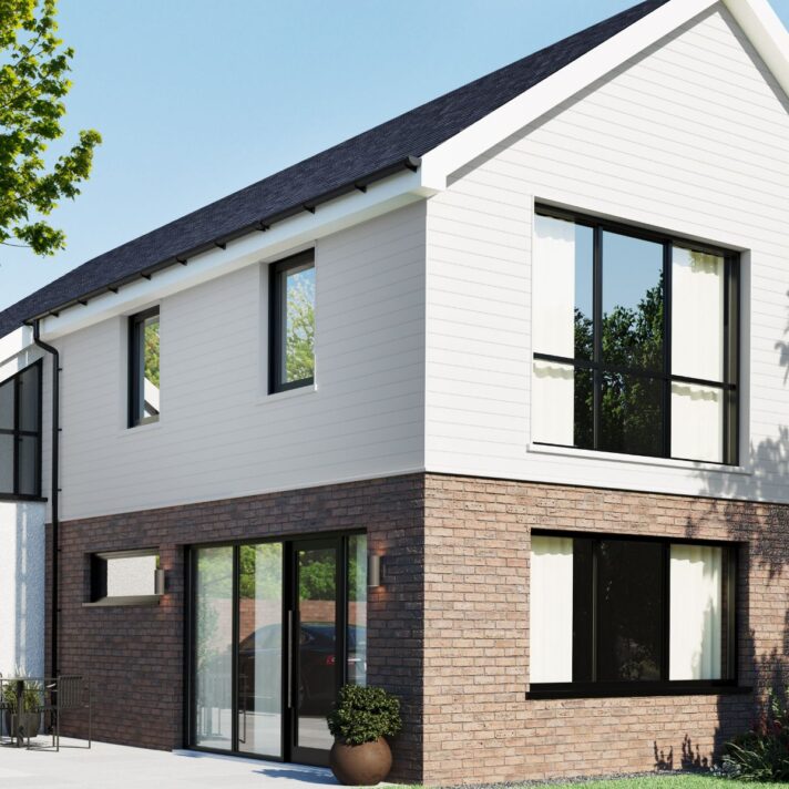 3D in situ image of SAM5555 fully finished Double Shiplap exterior cladding in Traffic White