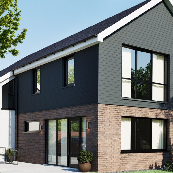 3D in situ image of SAM5556 fully finished Double Shiplap exterior cladding in Anthracite Grey