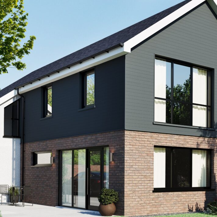 3D in situ image of SAM5558 fully finished Double TG and V exterior cladding in Anthracite Grey