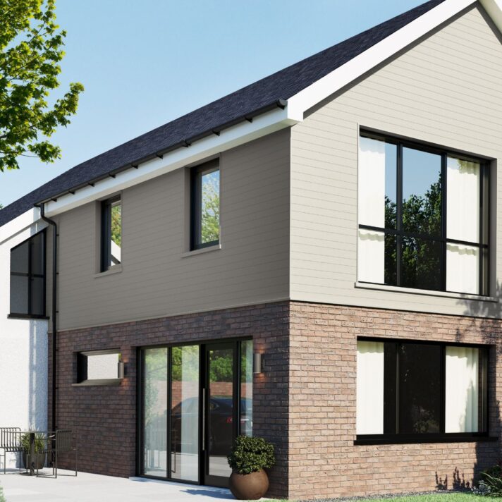 3D in situ image of SAM5558 fully finished Double TG and V exterior cladding in Silk Grey